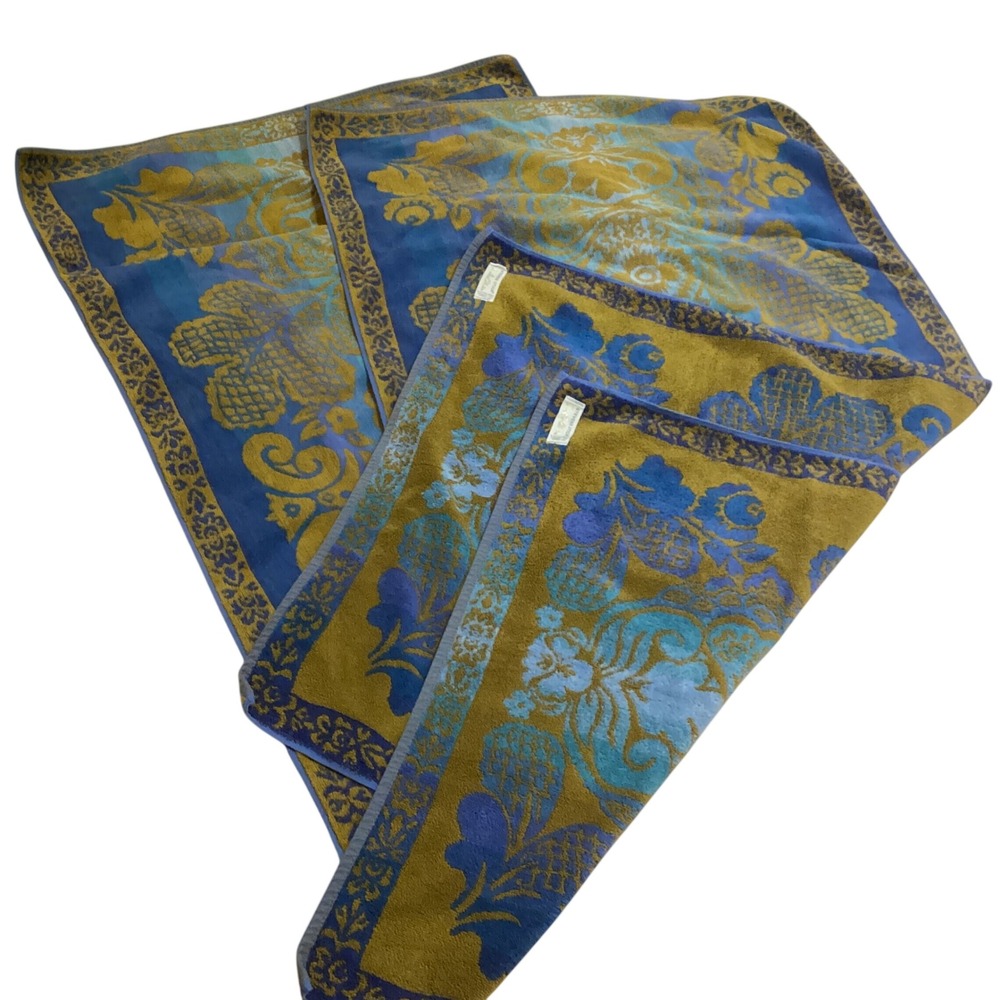 Vintage Stevens Utica Fine Arts Collection Blue Gold Damask Bath Towels Set of 2